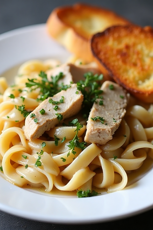 A plated bowl of chicken and noodles garnished with parsley, served alongside garlic bread for a comforting chicken noodle meal