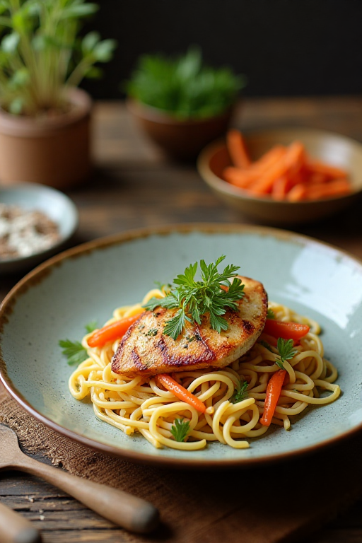 The final presentation of an easy chicken and noodles recipe, served elegantly in a cozy dinner setting.