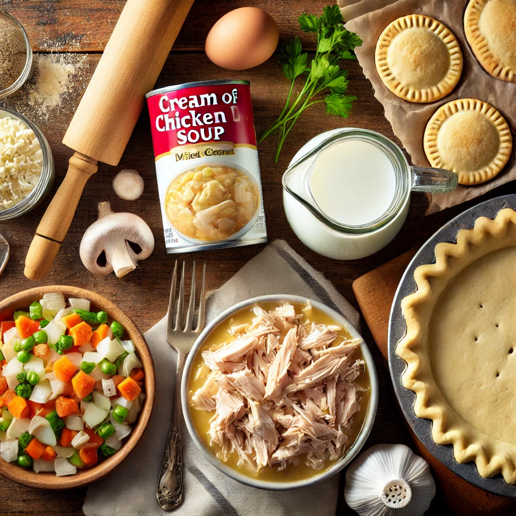 Ingredients for an easy chicken pot pie recipe with cream of chicken soup, including cooked chicken, mixed vegetables, and pie crust.