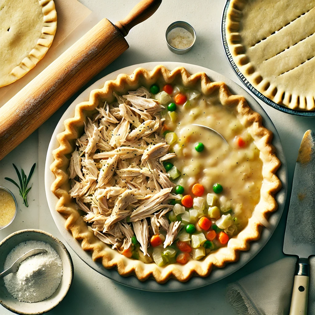 Shredded cooked chicken, perfect for making a homemade chicken pot pie recipe.