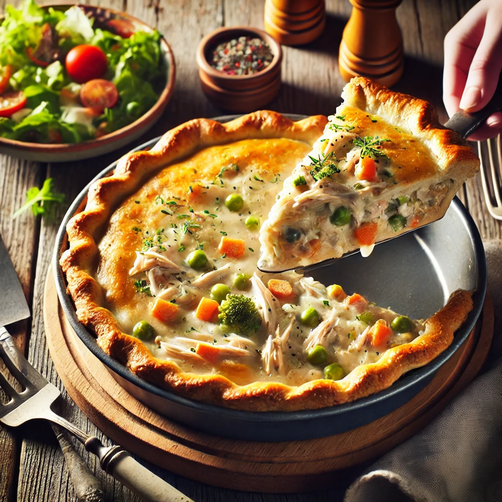 A slice of chicken pot pie being served, revealing a creamy filling made with cream of chicken soup and tender chicken.