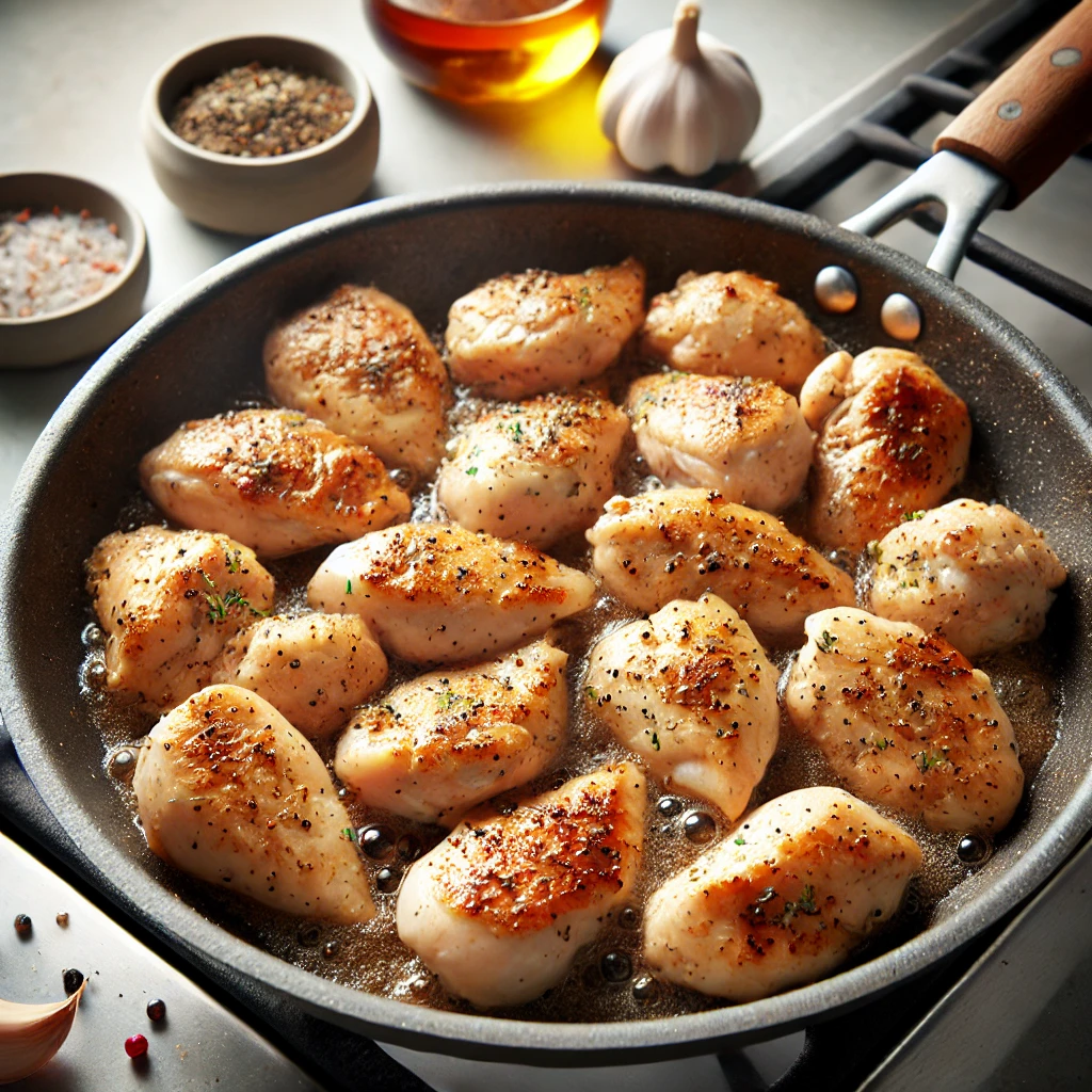 Boneless chicken pieces cooking in a skillet, part of an easy chicken and noodles recipe step-by-step guide.