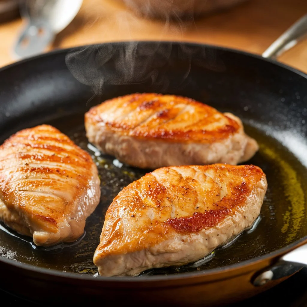 Chicken breasts cooking in a skillet, seasoned and browned to perfection for Chicken Broccoli Alfredo.