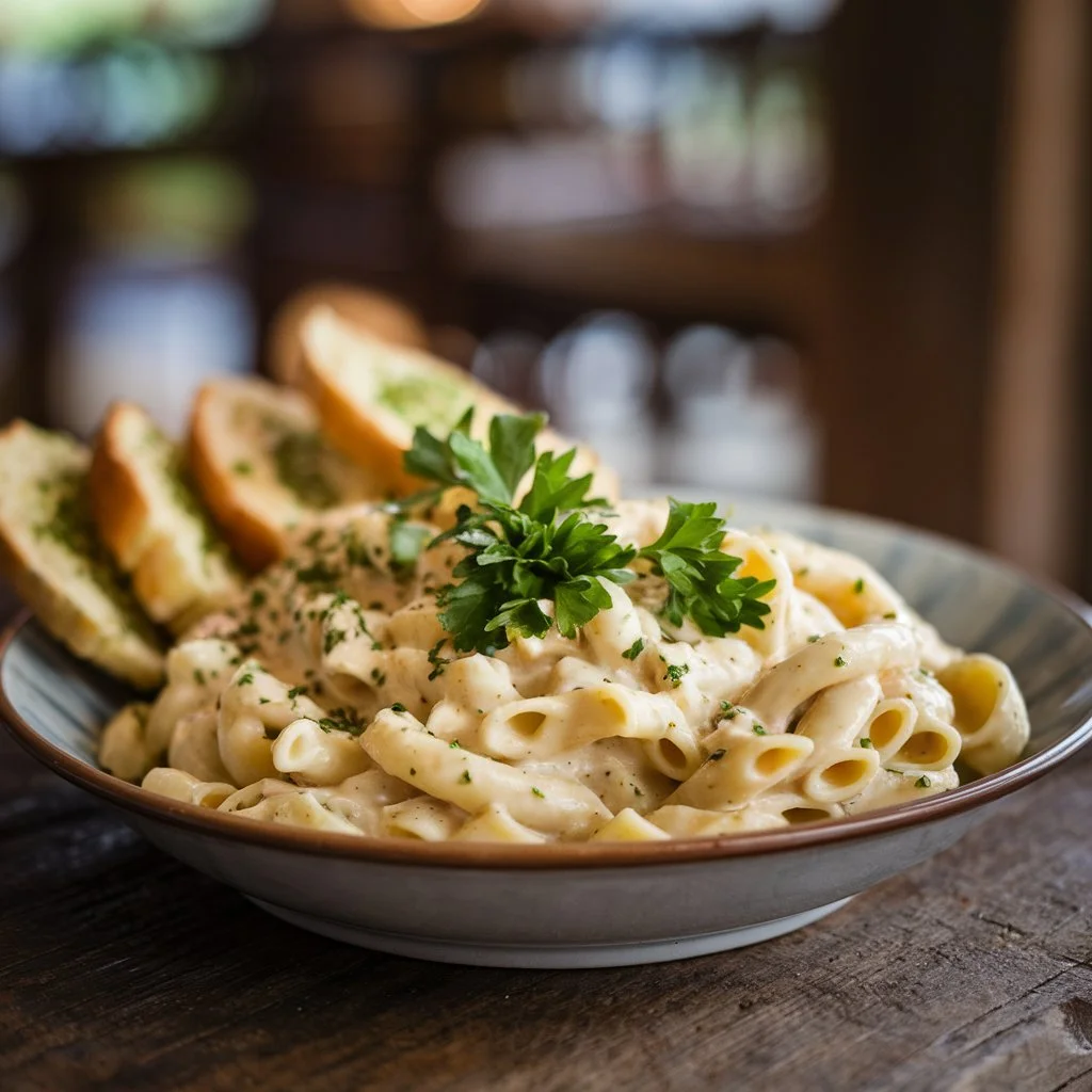 Creamy Alfredo pasta with fresh parsley and garlic bread on a wooden table