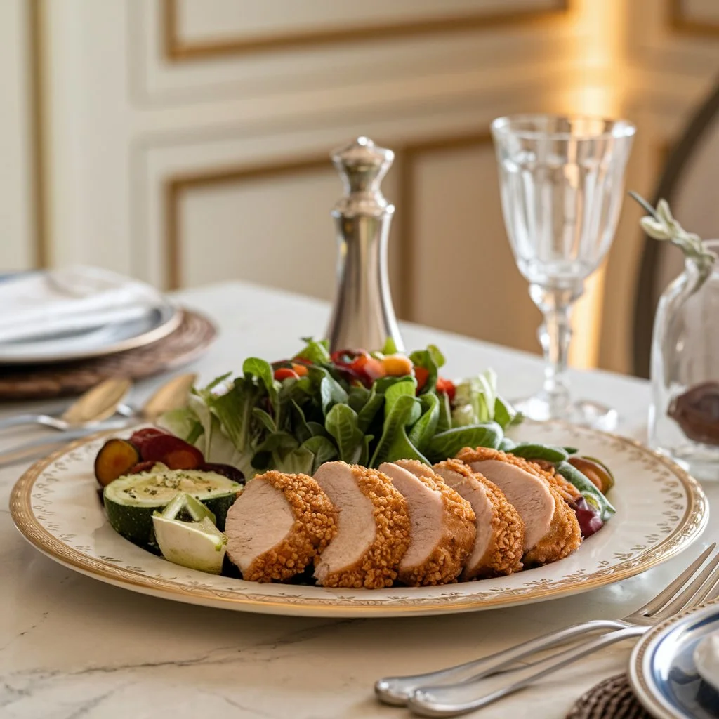 Baked chicken cutlets served with Caesar salad and vegetables.	