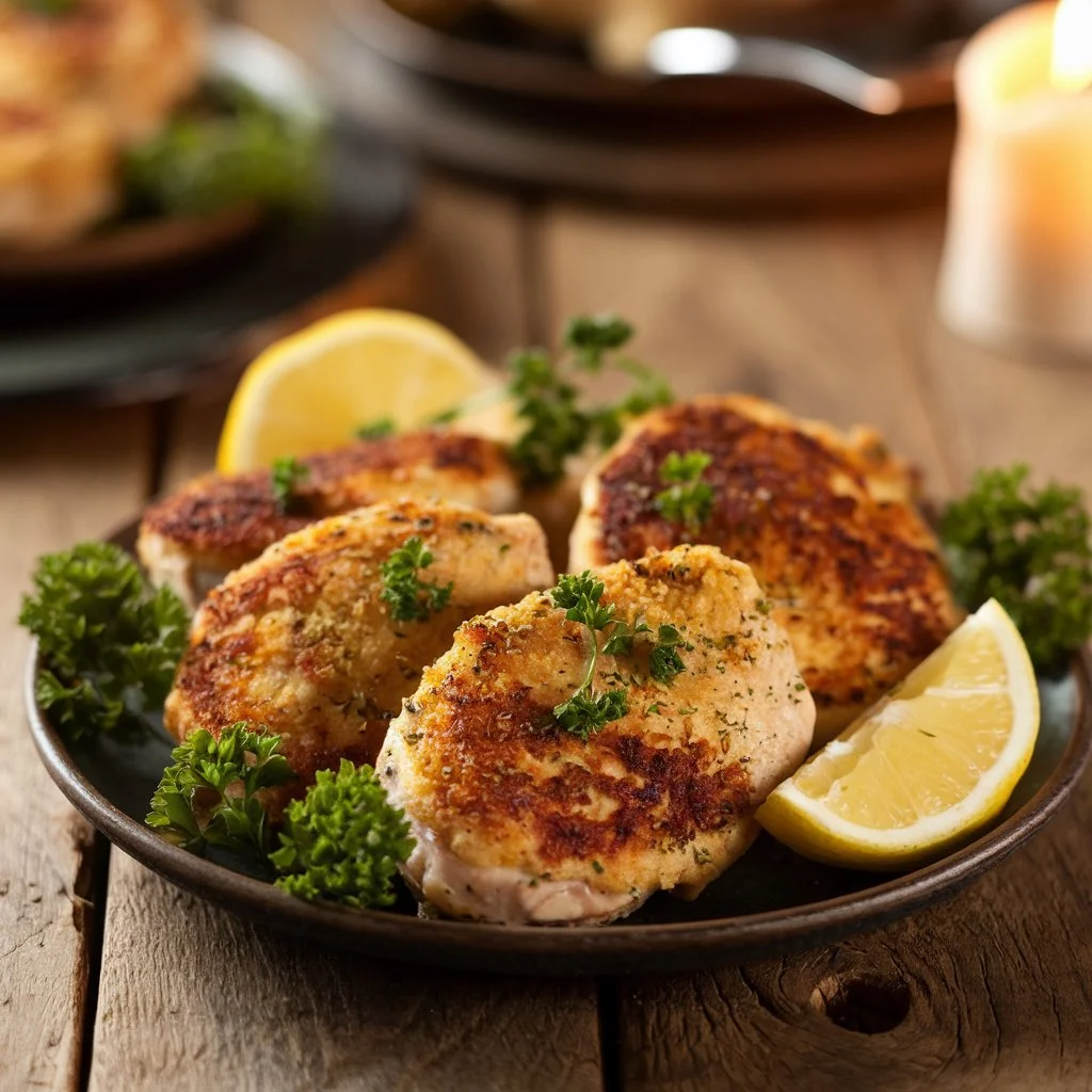 Crispy baked chicken cutlets on a plate.