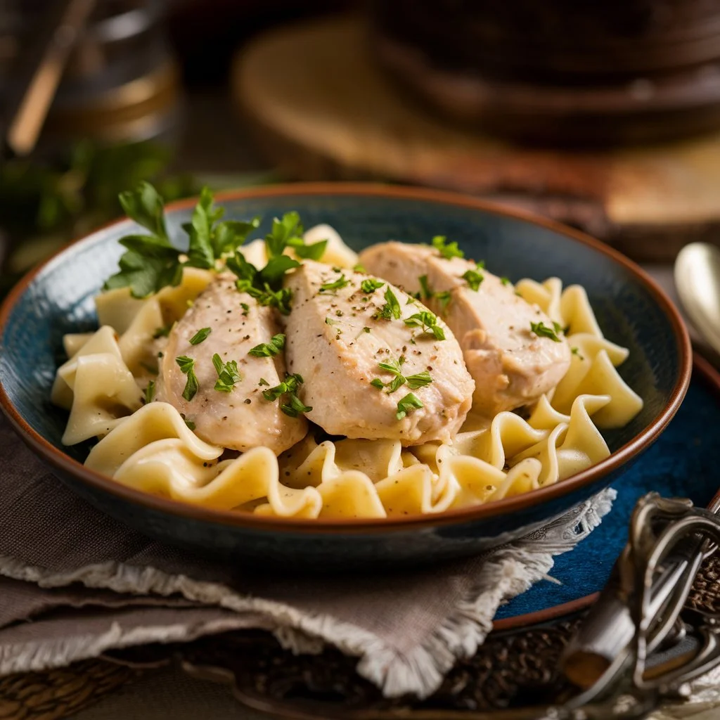 Bowl of creamy chicken and egg noodles with parsley garnish in warm natural light.