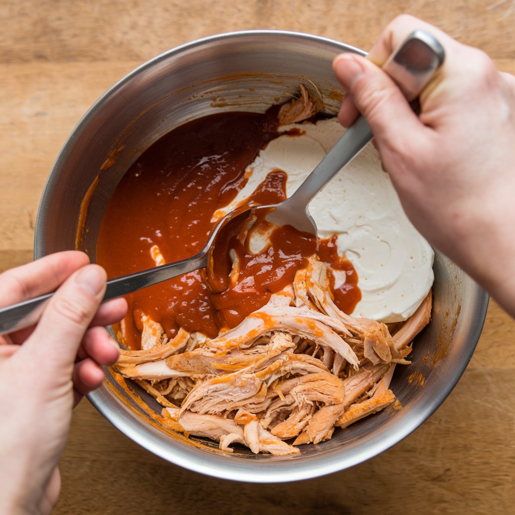 Shredded chicken mixed with buffalo sauce and cream cheese	