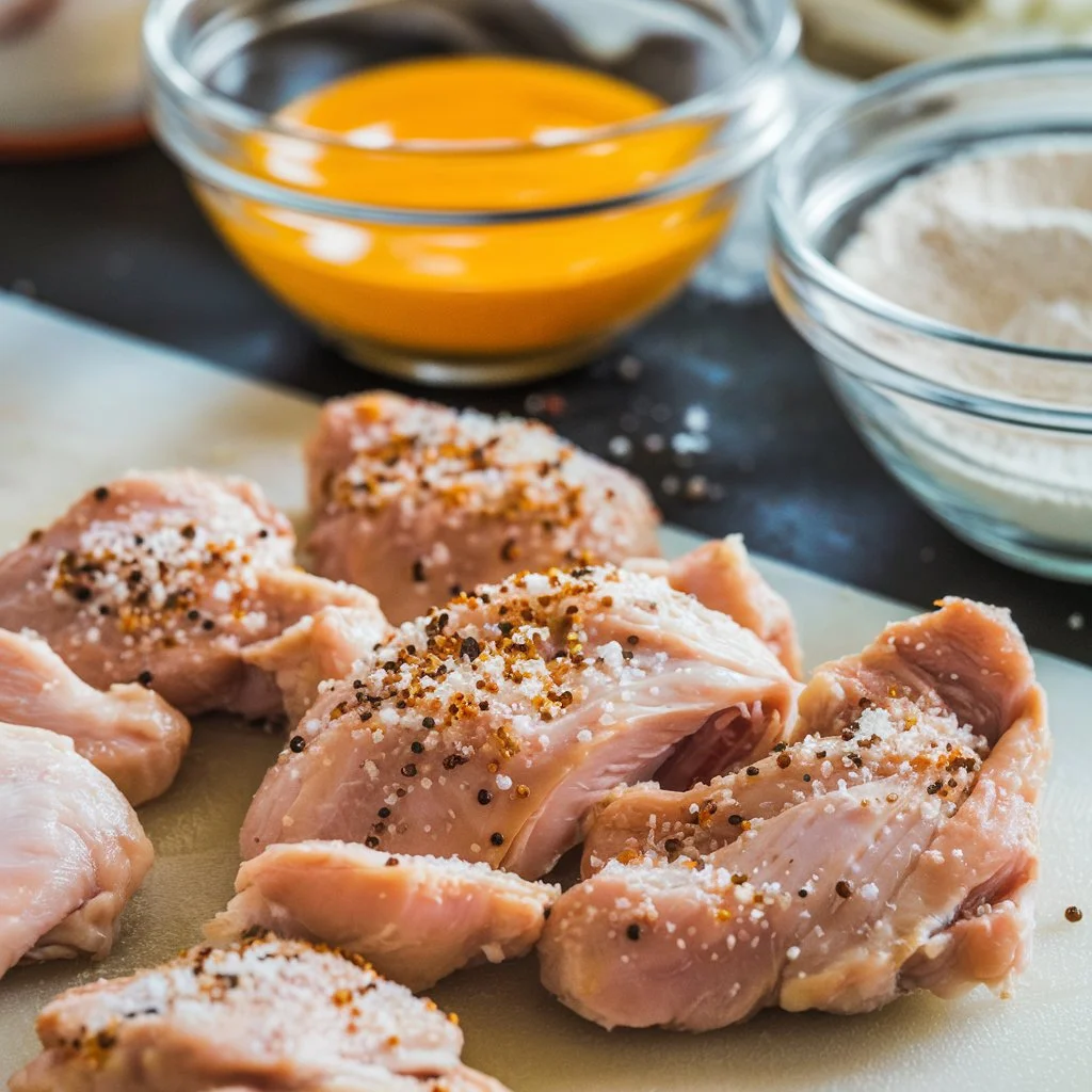 Seasoned chicken pieces on a cutting board with egg and cornstarch bowls