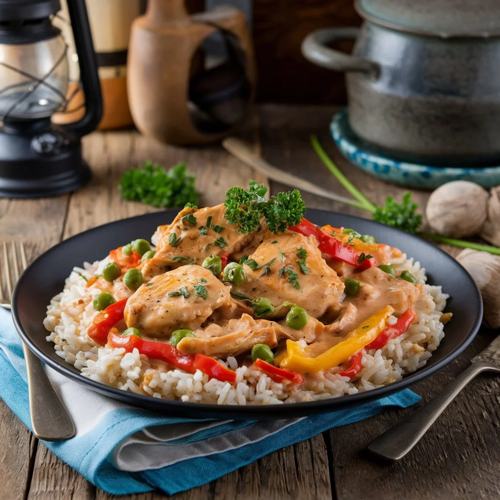 creamy plate of Chicken Ala King served over rice with vibrant vegetables.