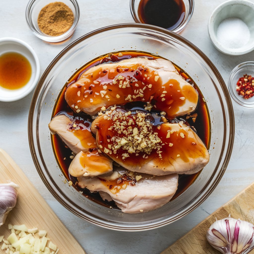 Marinated chicken in a soy sauce-based glaze with garlic, ginger, and other ingredients for Bibibop Copycat Chicken Recipe Easy