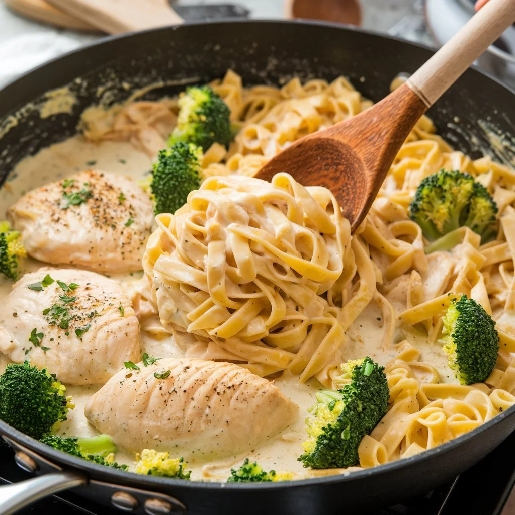 Fettuccine pasta mixed with Alfredo sauce, chicken, and broccoli in a skillet, ready to serve.