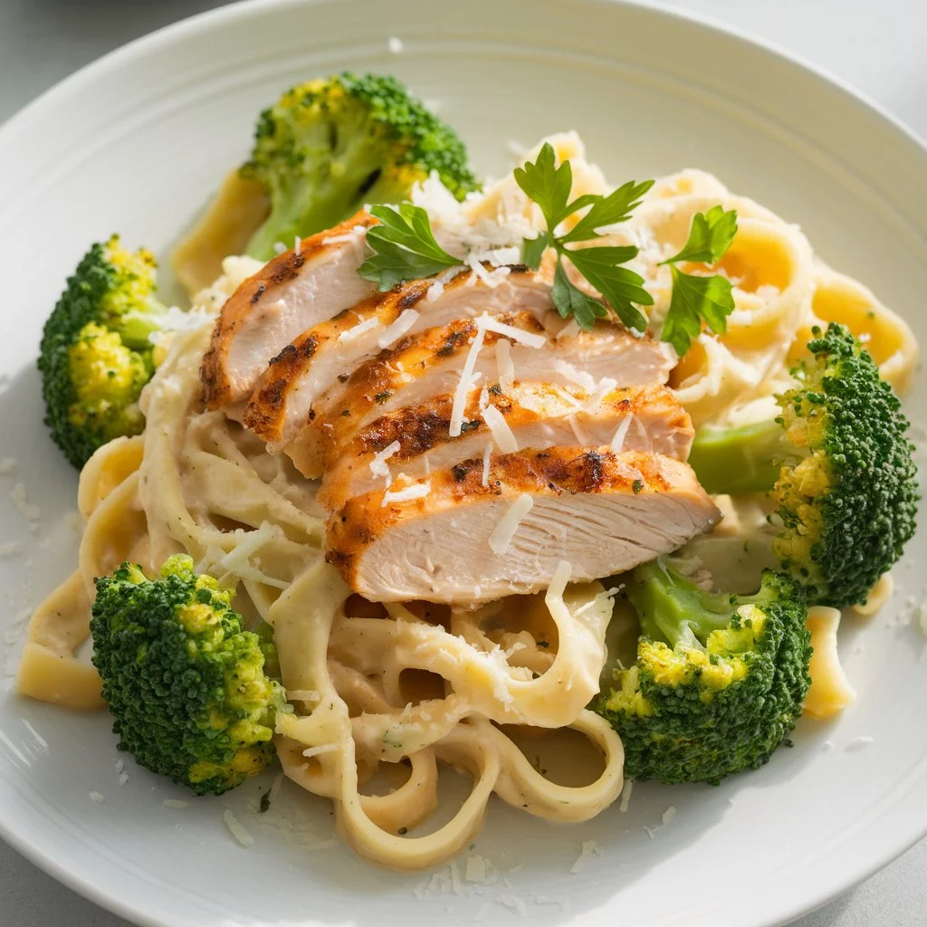 Plate of creamy Chicken Broccoli Alfredo garnished with parsley and Parmesan cheese.