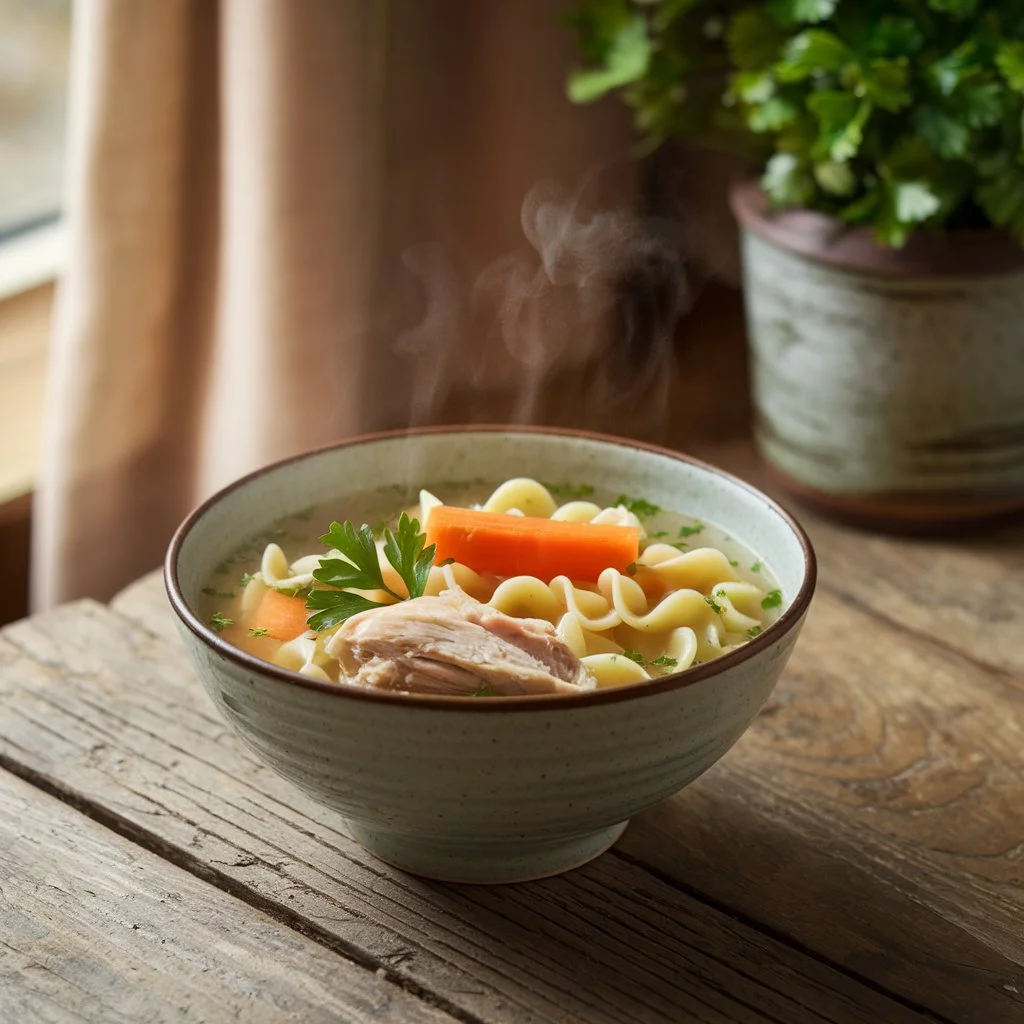 A comforting chicken soup made with ground chicken, noodles, and vegetables.