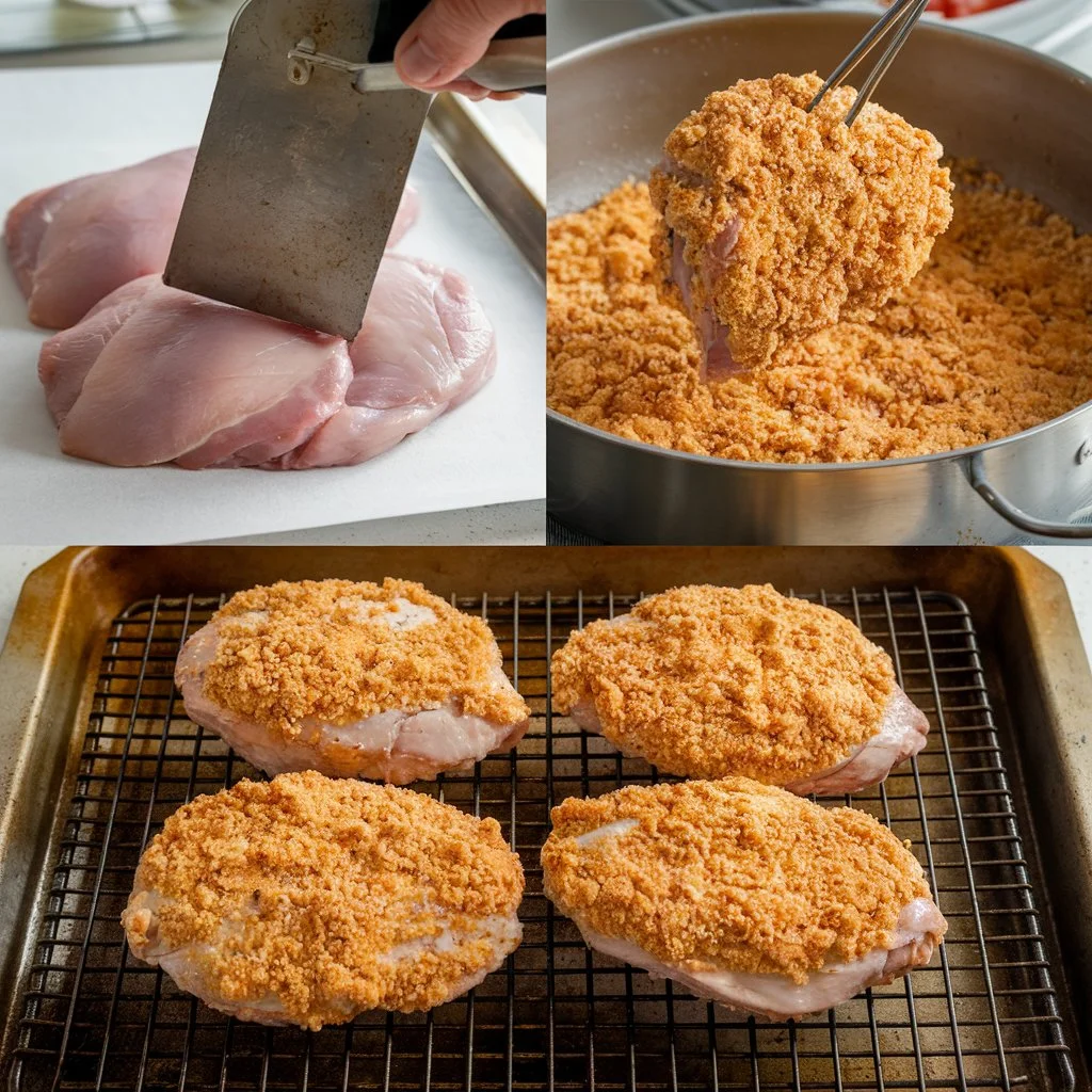 Preparing chicken cutlets for baking with breadcrumbs and wire rack.	