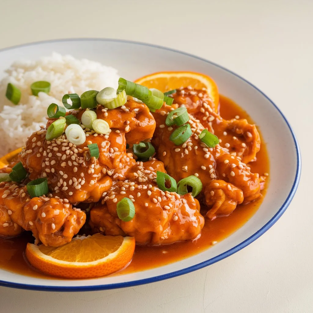 A plate of crispy orange chicken with garnishes and steamed rice