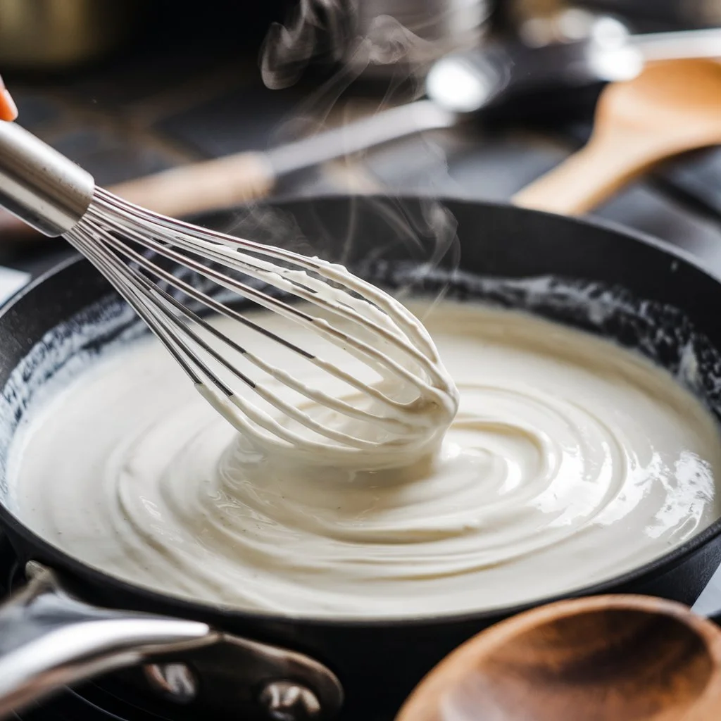 A close-up of the rich and creamy sauce being prepared as the base for Easy Chicken Ala King.