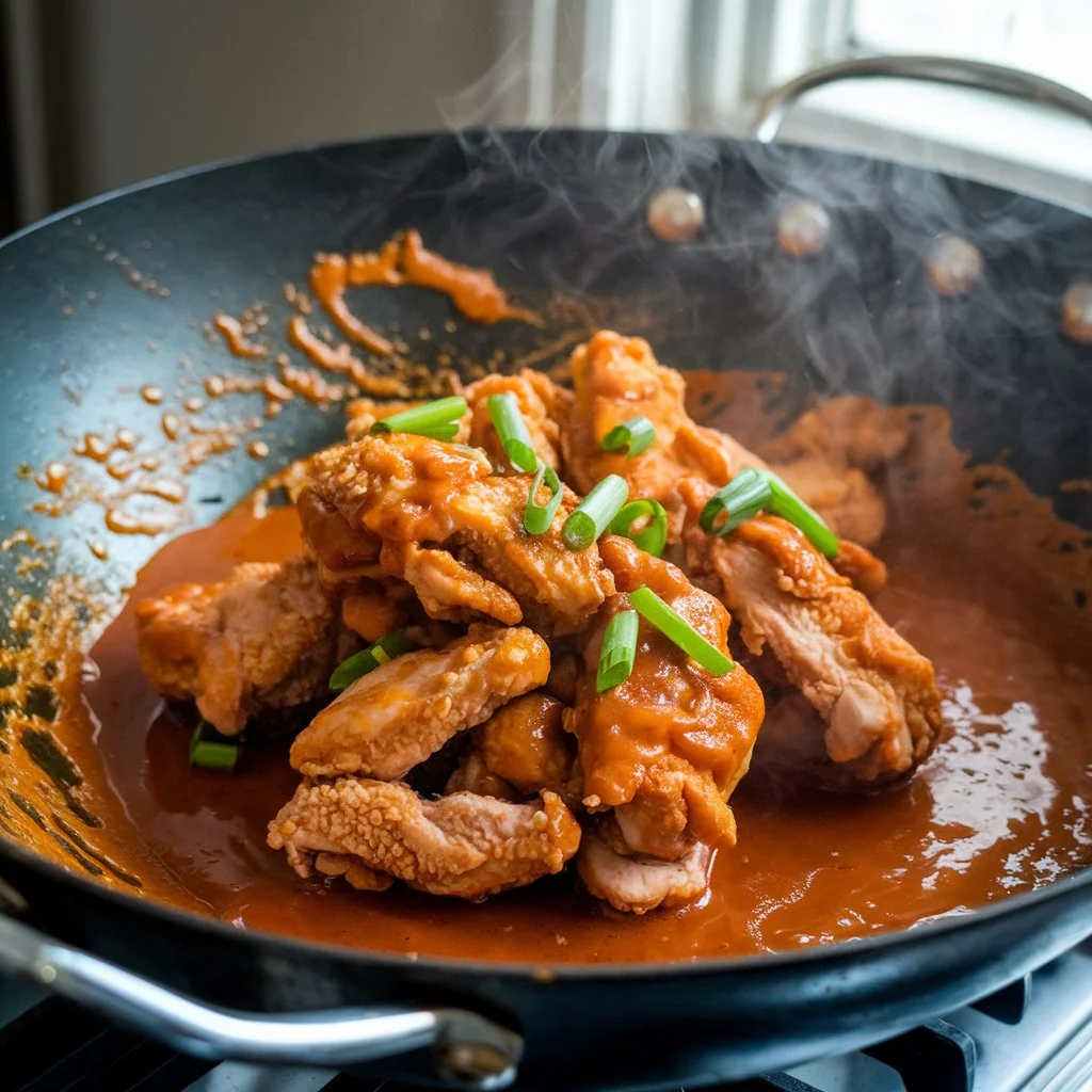 Chicken being tossed in a wok with orange sauce.