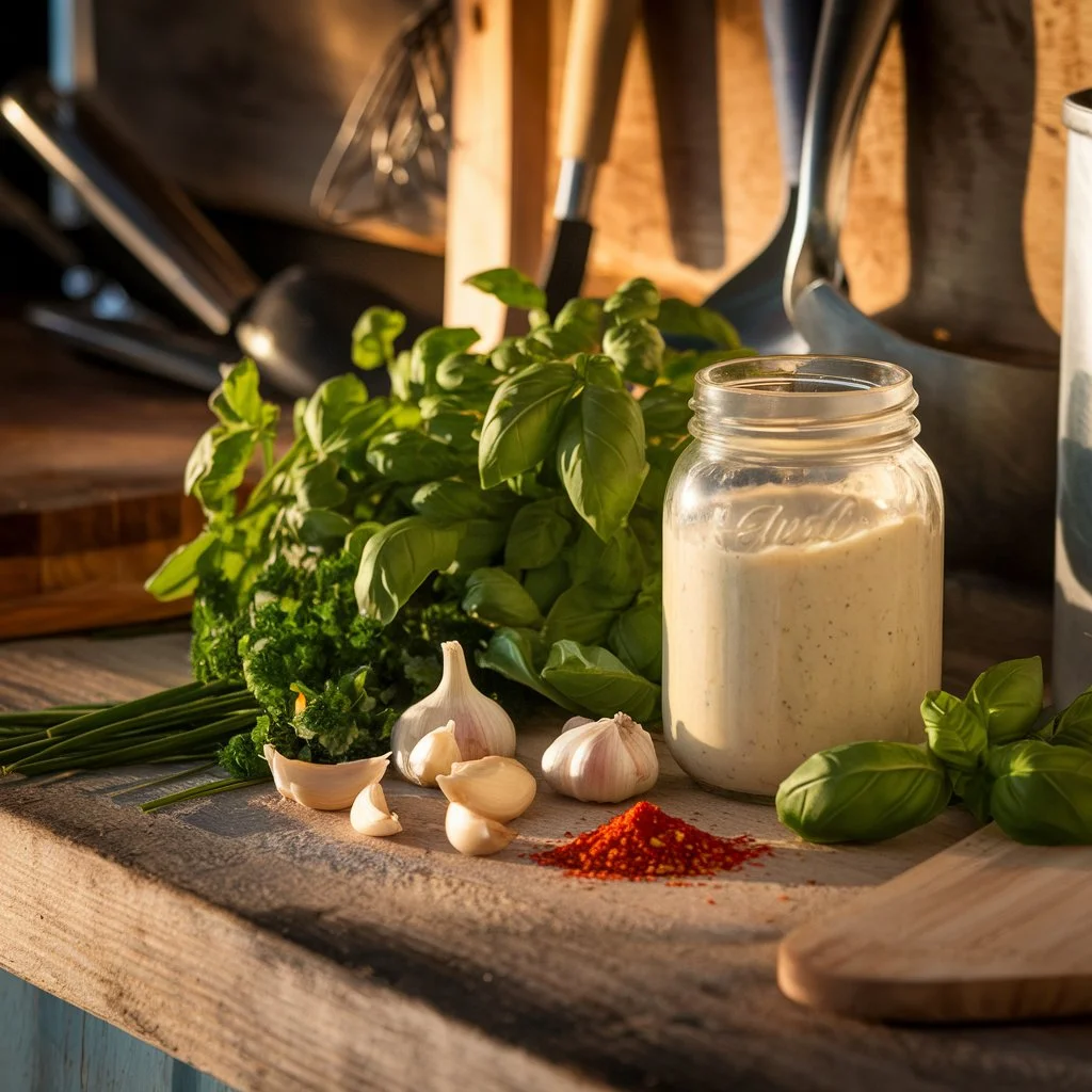 Fresh parsley, basil, garlic cloves, and red pepper flakes next to a jar of Alfredo sauce.