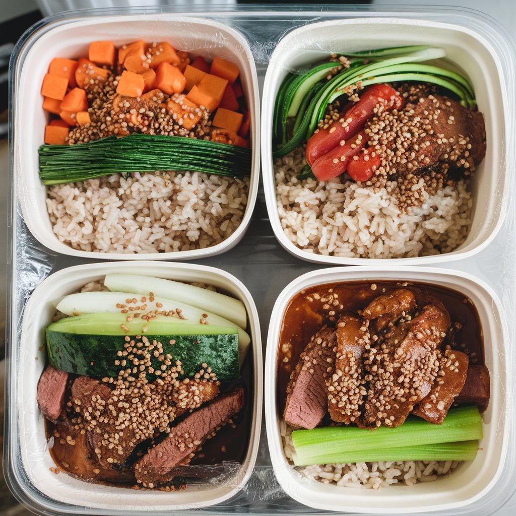 Meal prep containers featuring rice, fresh vegetables, and tender chicken for an easy Bibibop Copycat Chicken Recipe