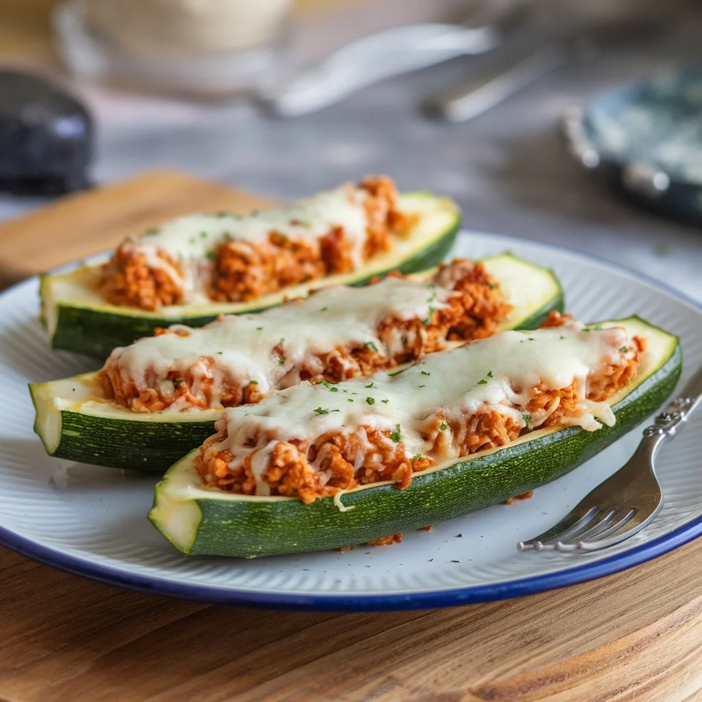 A low-carb dish featuring zucchini boats stuffed with ground chicken and cheese.