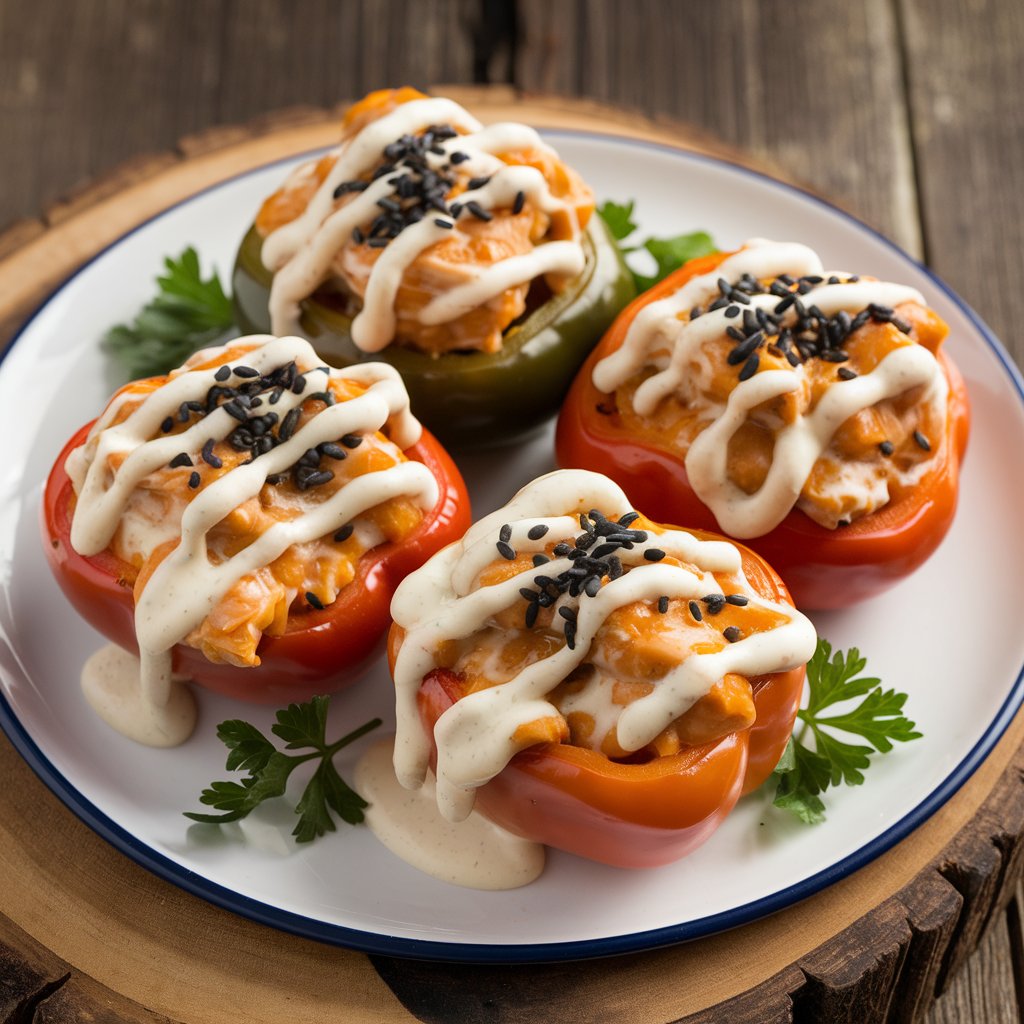 Plated keto buffalo chicken stuffed peppers	