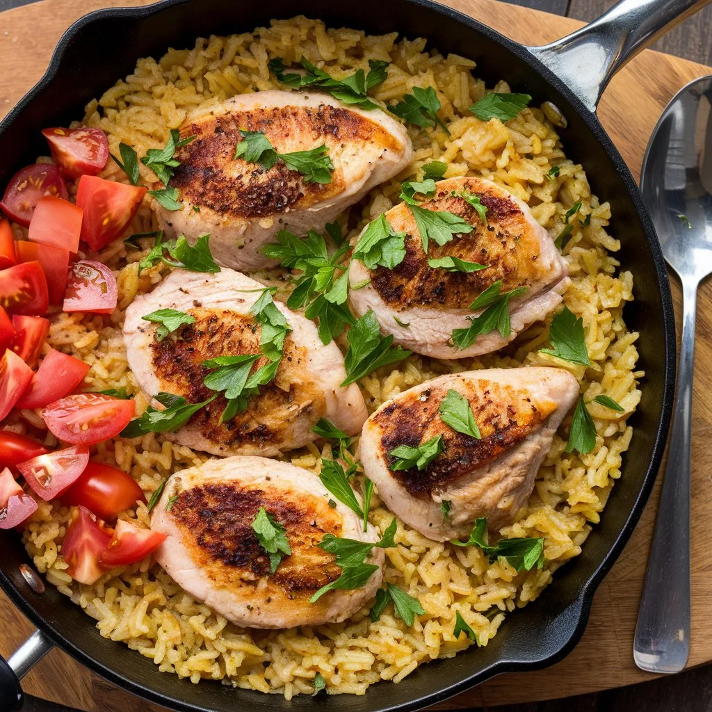 A hearty one-pan chicken and rice dish with tomatoes and parsley.