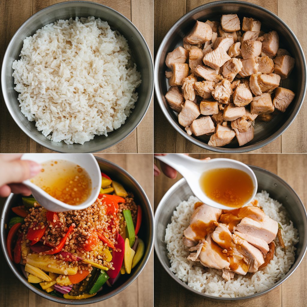 Meal prep bowls with rice, broccoli, carrots, and other fresh vegetables, perfect for a Bibibop Copycat Chicken Recipe Easy