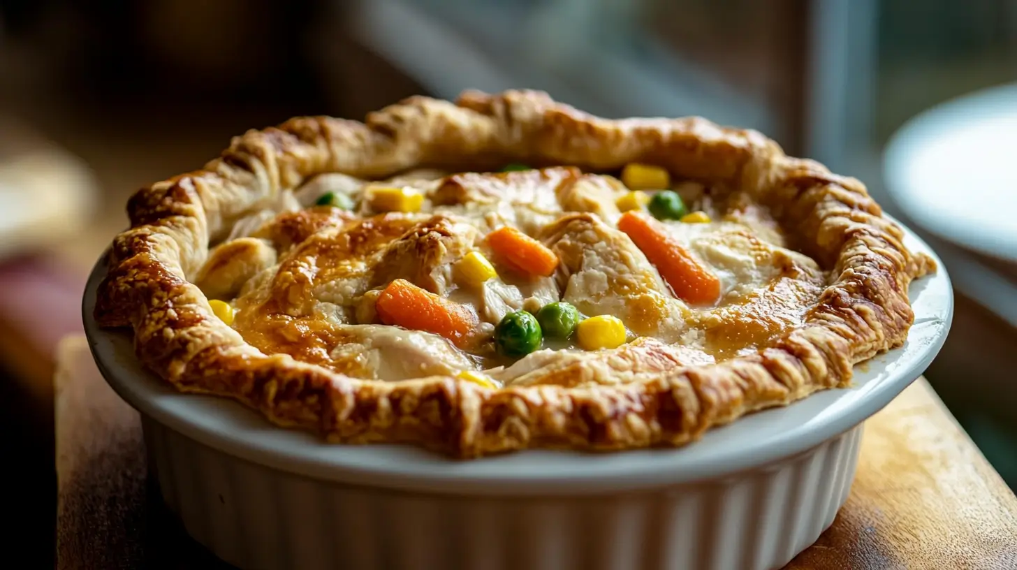 Homemade chicken pot pie with a golden crust and creamy filling on a wooden table.