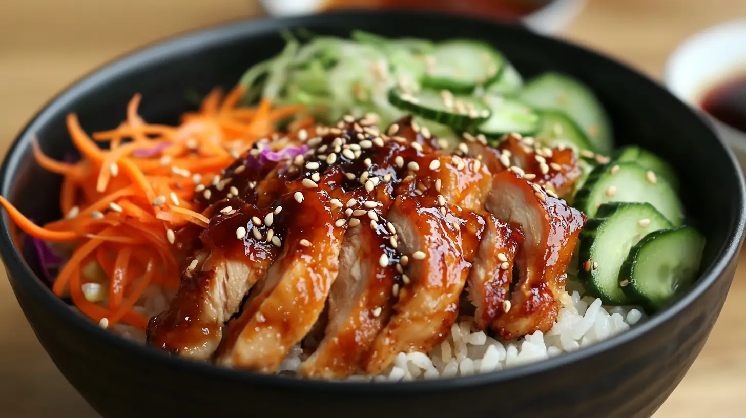Bibibop Copycat Chicken Recipe Easy with rice, vegetables, and sauce.