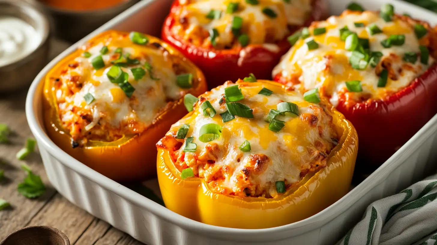Keto buffalo chicken stuffed peppers baked in a dish, topped with melted cheese and green onions.