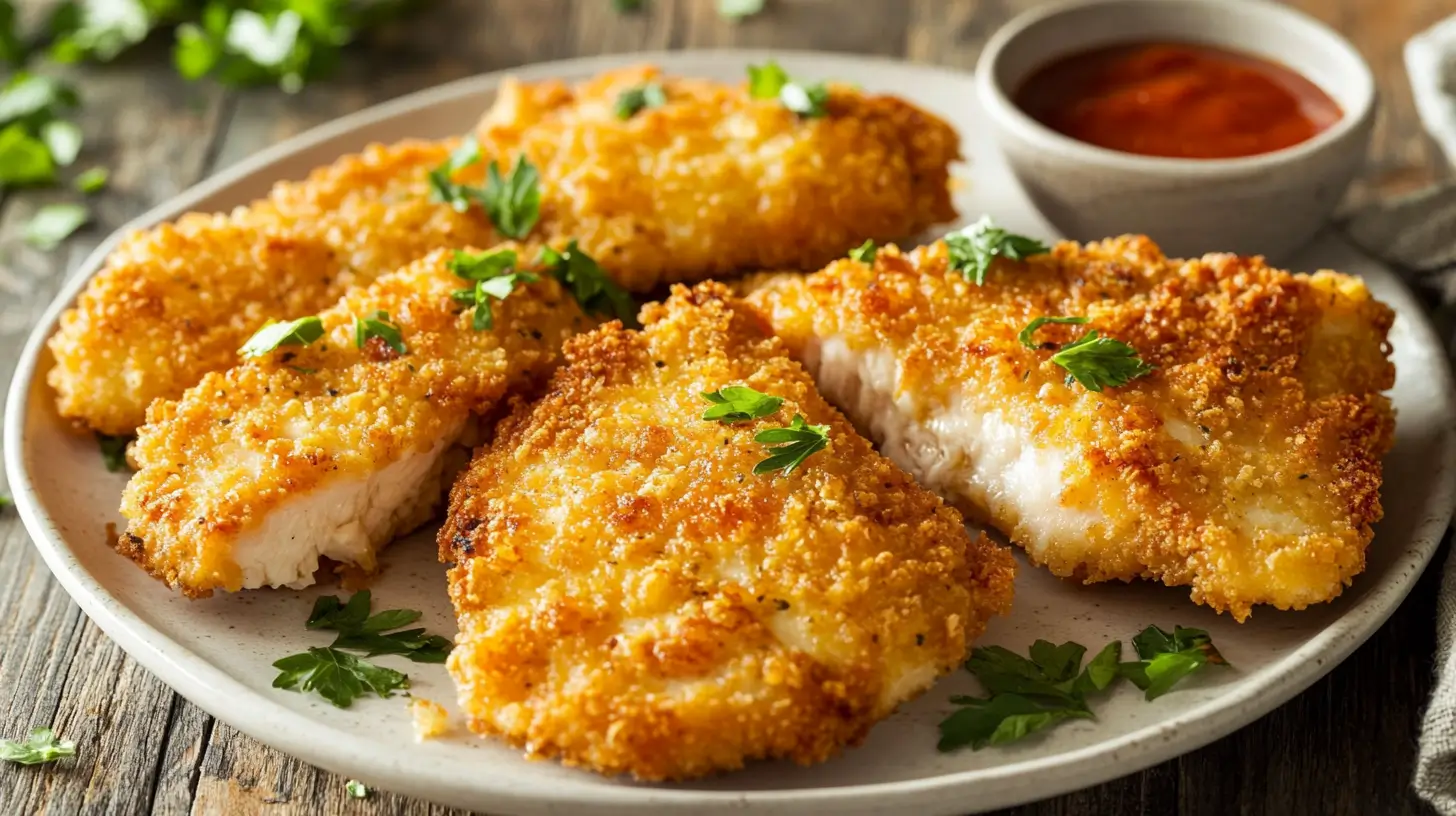 Crispy and golden oven-baked chicken cutlet served on a plate with sauce.