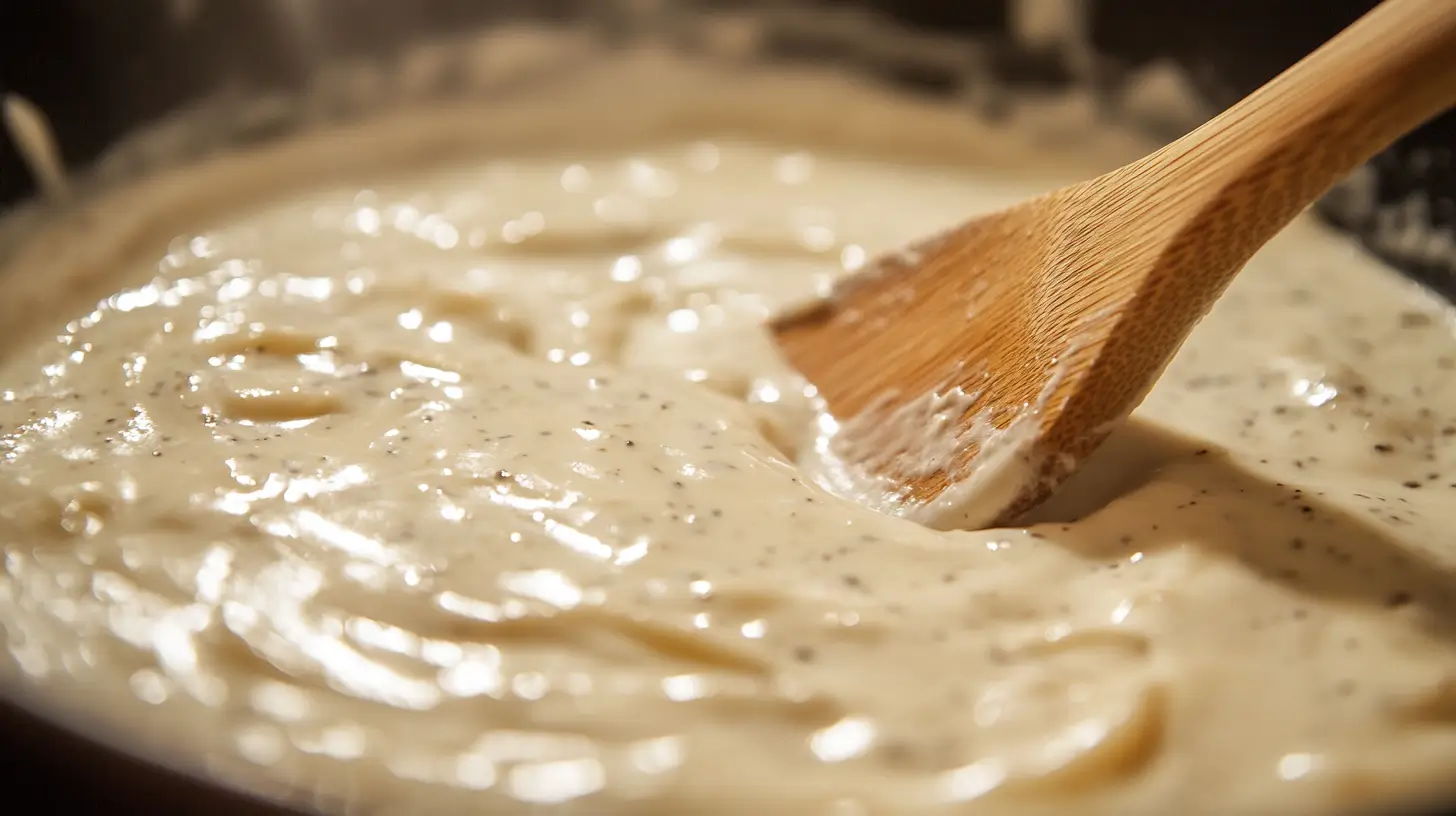 What to Add to Jar Alfredo Sauce to Make it Better – A creamy Alfredo sauce being stirred in a pan, showing its smooth and velvety texture with Parmesan cheese and butter.