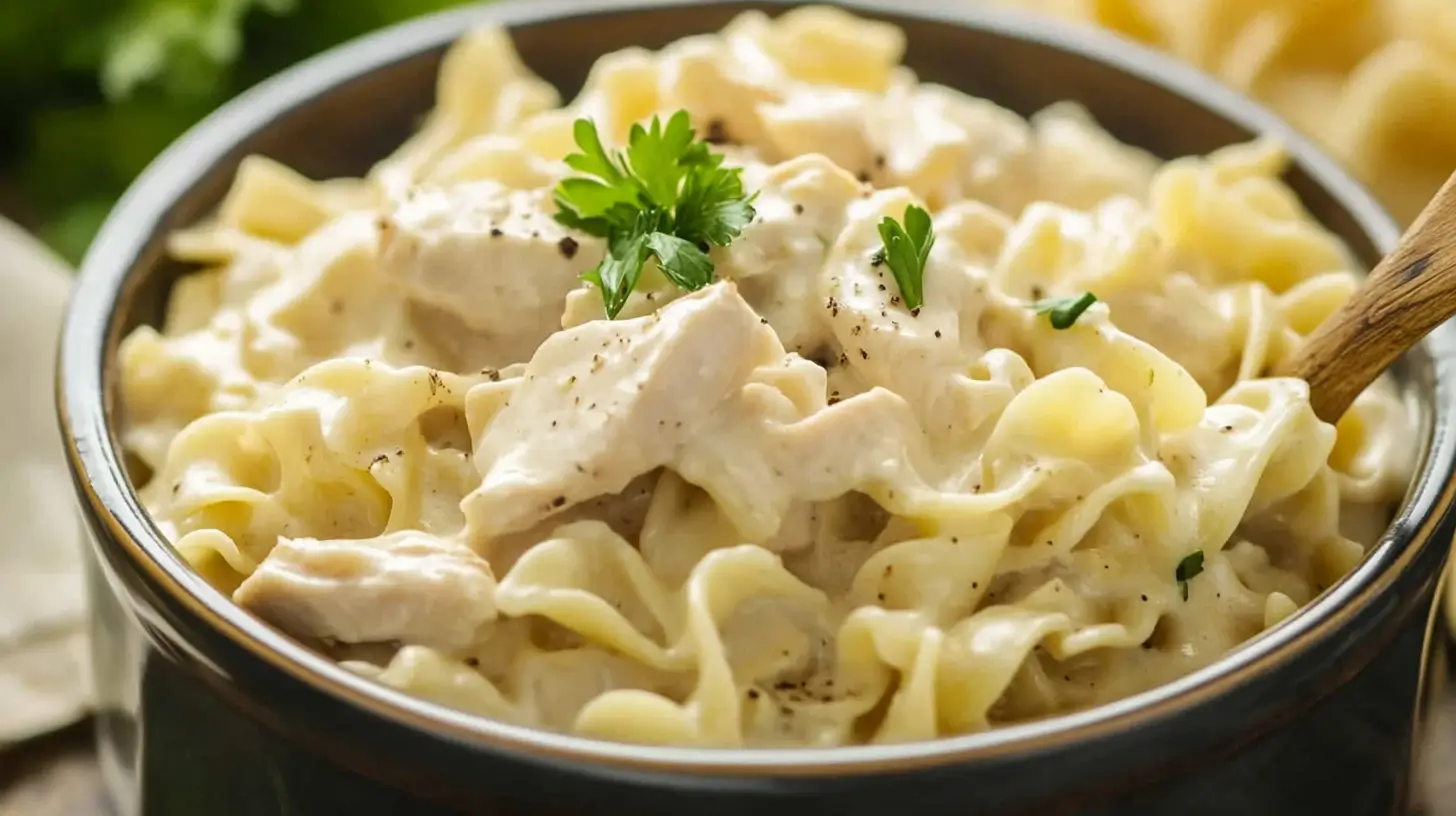 Bowl of creamy chicken and noodles garnished with fresh parsley, perfect for a comforting meal.