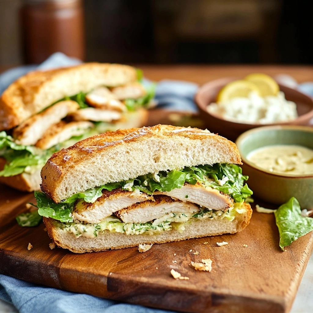 A Chicken Caesar Salad Sandwich with toasted bread, creamy Caesar chicken, and fresh romaine lettuce on a wooden board.