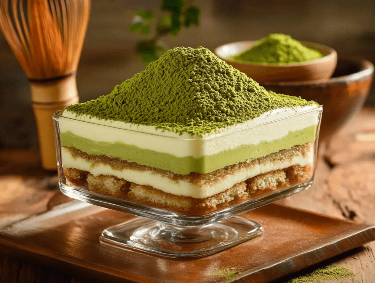 A layered Matcha Tiramisu with vibrant green matcha powder on top.