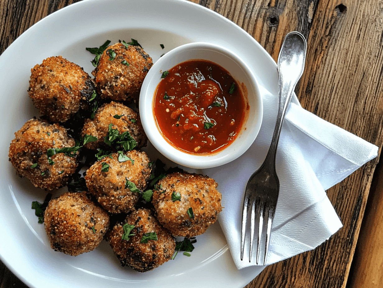 A plate of perfectly firm and golden-brown meatballs garnished with parsley.