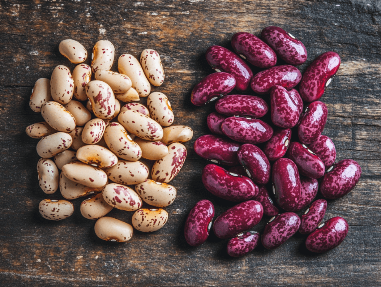 Comparison of raw pinto beans and cranberry beans side by side.