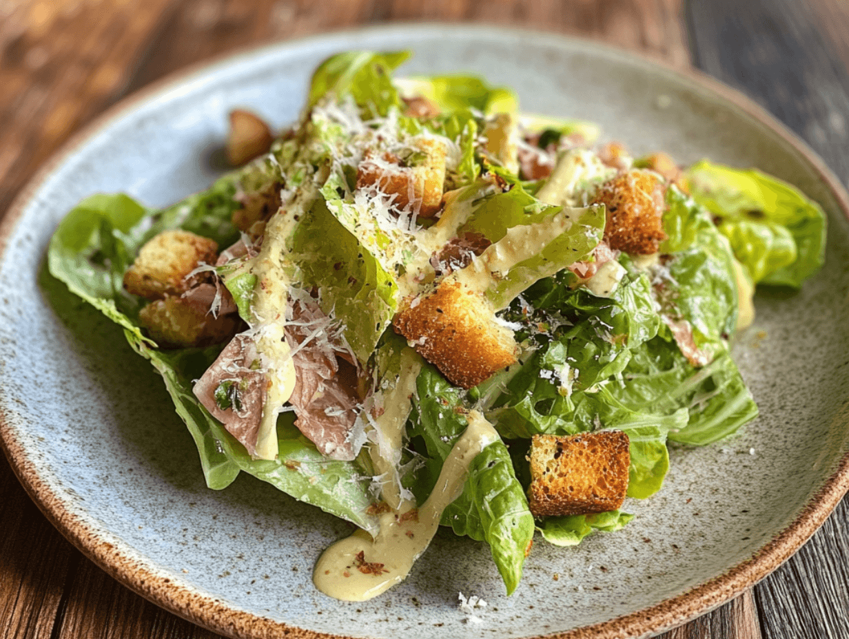 Fresh Caesar salad with romaine lettuce, croutons, Parmesan, and creamy dressing on a white plate.