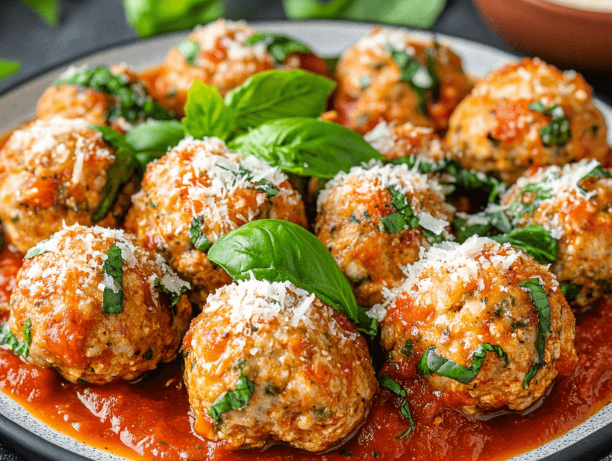 Italian chicken meatballs served with marinara sauce on a white plate.