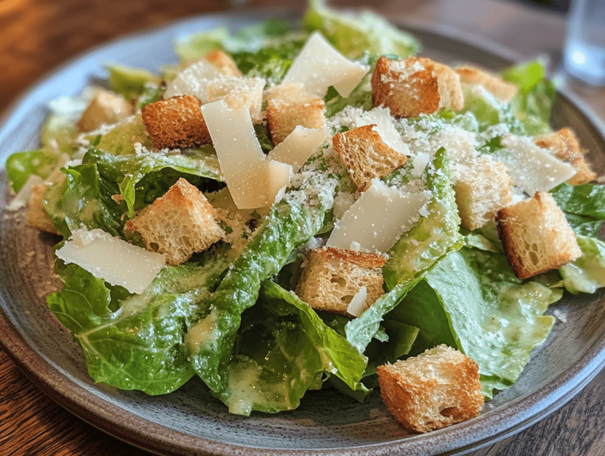 A classic Caesar salad with lettuce, croutons, and parmesan on a wooden table.