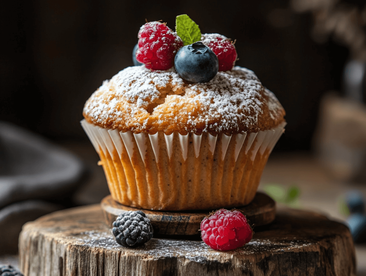 A freshly baked pistachio muffin with a green interior and pistachio topping on a wooden table.