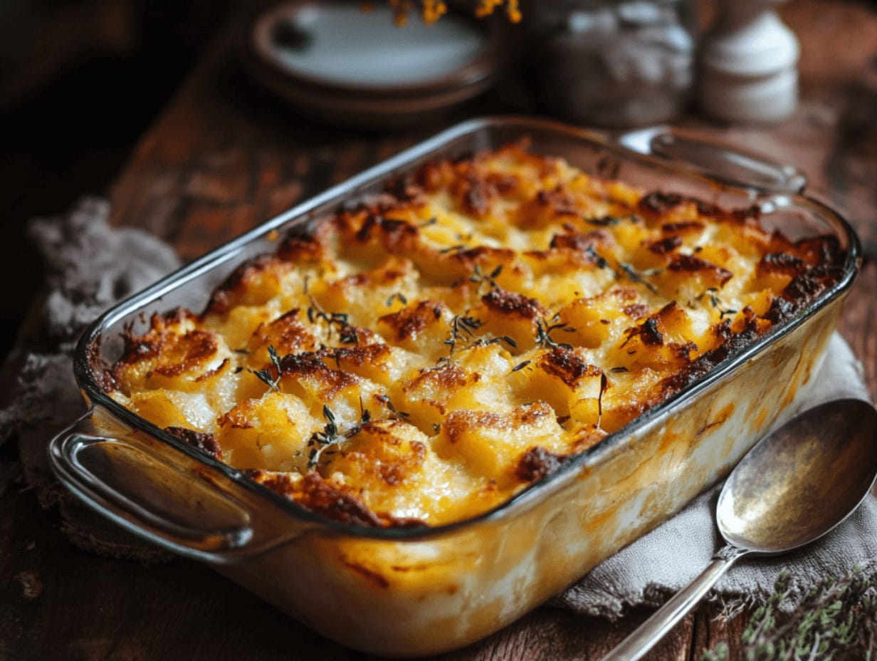Golden and crispy tater tot casserole in a baking dish.