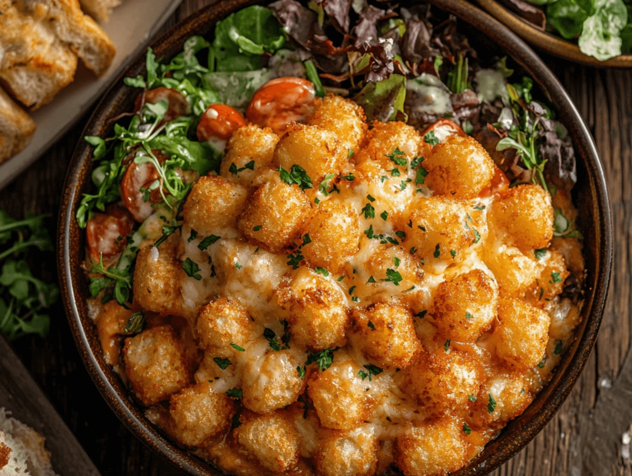 Tater tot casserole topped with crispy golden tater tots, surrounded by fresh salads and garlic bread.