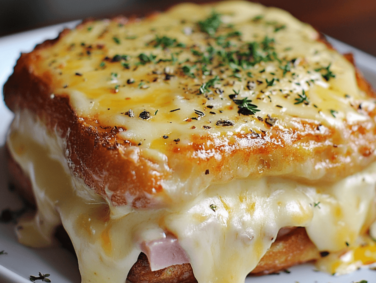 A golden crispy Croque Monsieur on a plate.