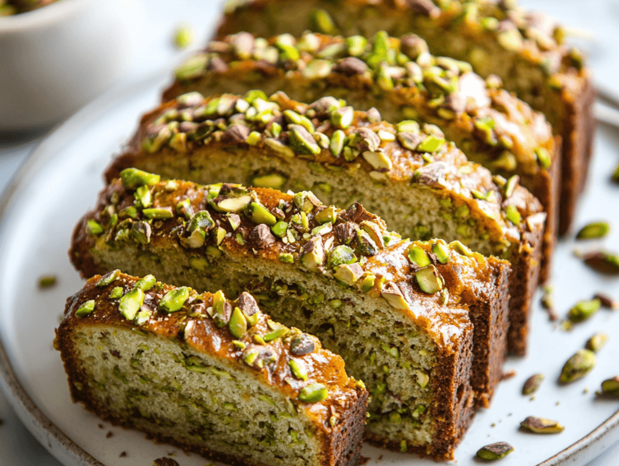 Freshly baked pistachio bread on a wooden cutting board.