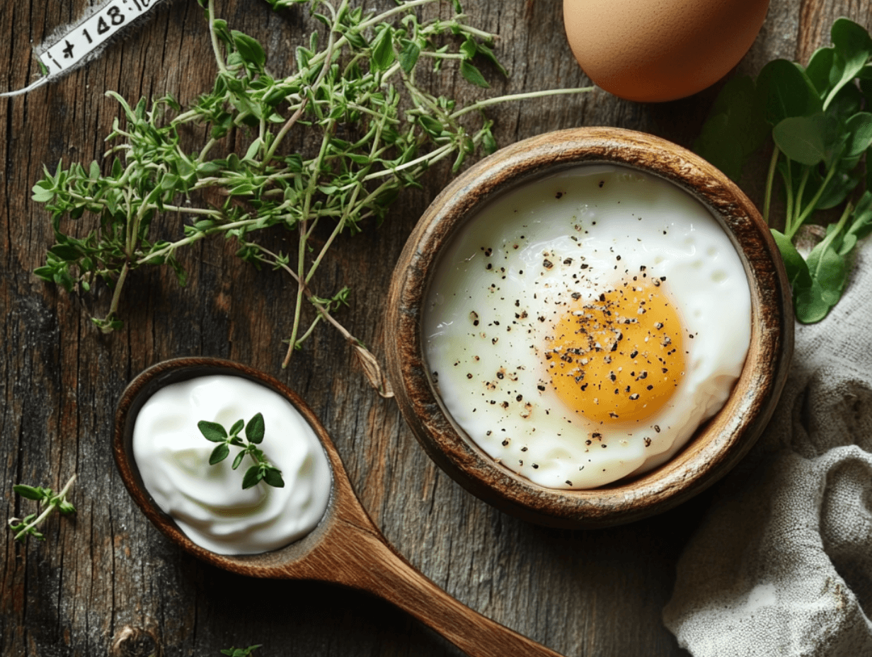 A cracked egg and yogurt on a wooden table illustrating their nutritional benefits.