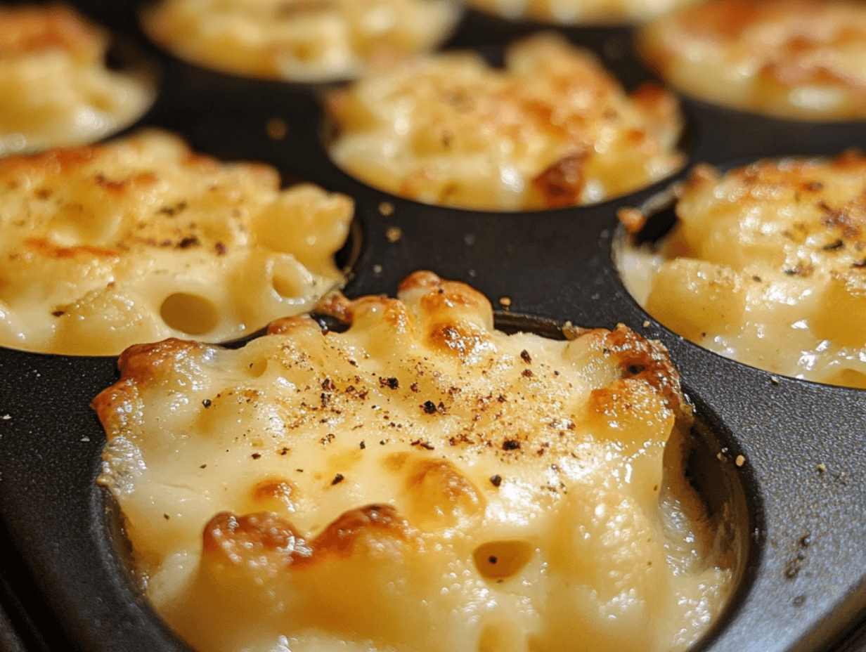 Close-up of mini mac and cheese portions in a muffin tin with a crispy golden top.