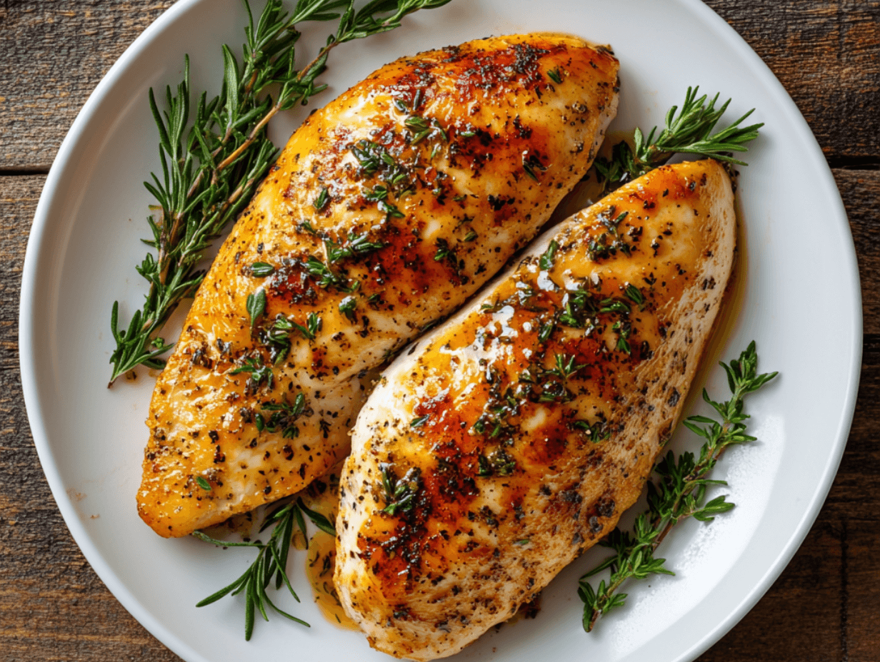 Perfectly cooked juicy and tender chicken breast garnished with herbs.