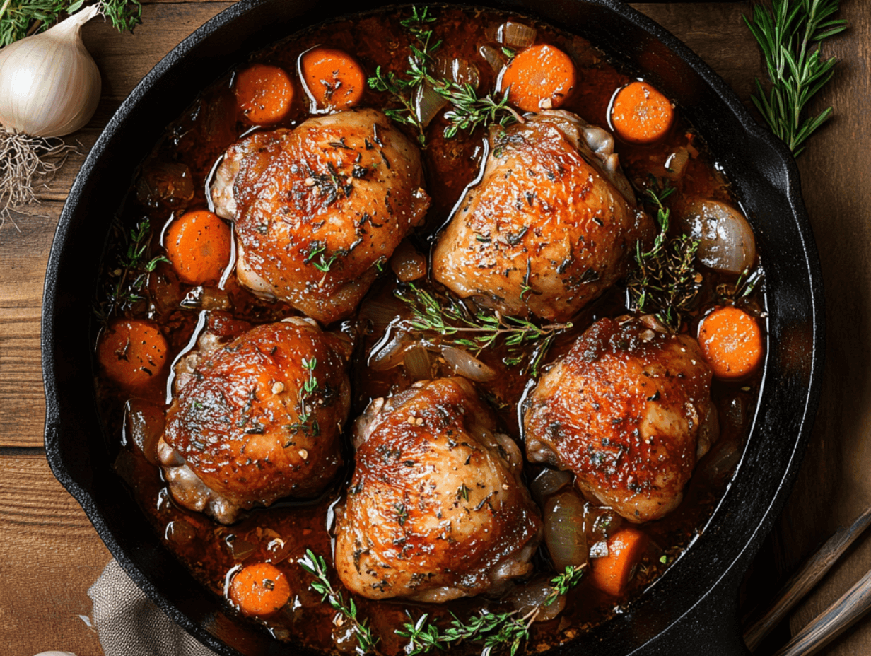 Braised chicken served in a cast iron skillet with vegetables.